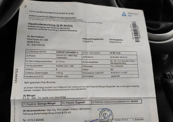 Nissan Juke cena 38800 przebieg: 62600, rok produkcji 2012 z Szczucin małe 67